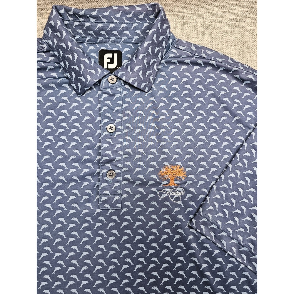 FootJoy Kiawah Polo Shirt Mens Large Blue Ocean Course Dolphin Print Golf